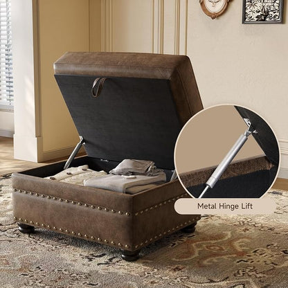 ONBRILL Faux Leather Ottoman with Storage, Rectangle Ottoman Coffee Table with Nailhead Trim, Solid Wood Legs, Oversized Upholstered Footrest Stool for Living Room, Bedroom, Apartment, Brown