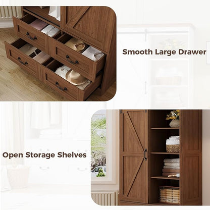 IRONCK Armoire Wardrobe Closet with 4 Drawers,71" Wardrobe Cabinet with Sliding Barn Doors, Tall Clothing Storage Cabinet with Hanging Rod and Shelves for Bedroom,Walnut