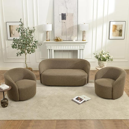 KINWELL 68" Boucle Upholstered Loveseat Sofa with Set of 2 Swivel Barrel Accent Chairs, Minimalist Comfy 2-Seater Couch and 2 Sherpa Armchairs for Small Spaces Apartment, Teddy Brown