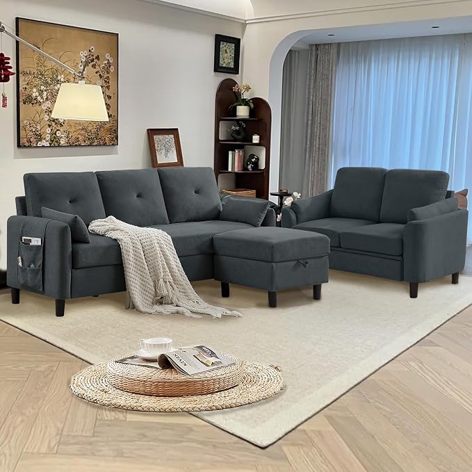 Convertible Sectional Couch Set, 77" L Shaped Sofa with Ottoman and 57" Loveseat, Modern Couches for Living Room, Apartment and Office, Dark Grey