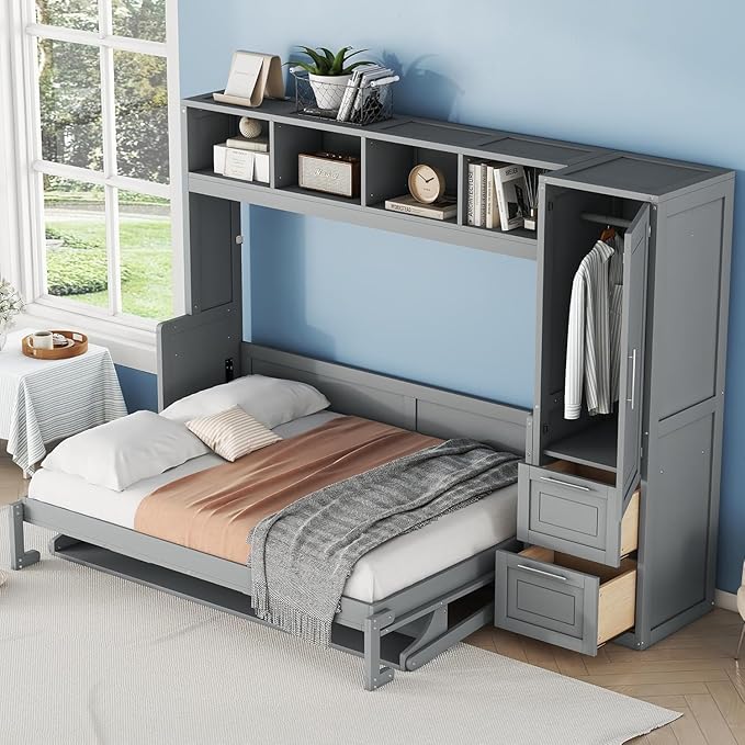Virubi Full Horizontal Murphy Bed with Storage Wardrobe Closet,2 Drawer,4 Storage Shelves,Wood Folding Murphy Wall Bed Cabinet for Adult (Grey)