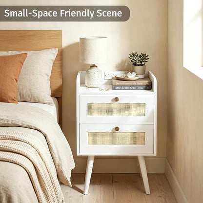 Nightstands Set of 2 with Charging Station, Modern Boho Rattan Bedside Tables with 2 Drawers,Open Storage End Tables for Bedroom, Small Spaces and Dorm, Solid Wood Legs,White