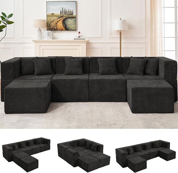 MONVANE 130'' Modular Sectional Cloud Couch for Living Room, 6 Seater Convertible Chenille Couches Set with Ottoman & Pillow, No Assembly Compression Sofas, Comfy Floor Sofa with Memory Foam, Black