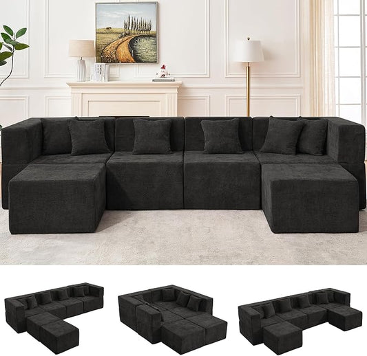 MONVANE 130'' Modular Sectional Cloud Couch for Living Room, 6 Seater Convertible Chenille Couches Set with Ottoman & Pillow, No Assembly Compression Sofas, Comfy Floor Sofa with Memory Foam, Black