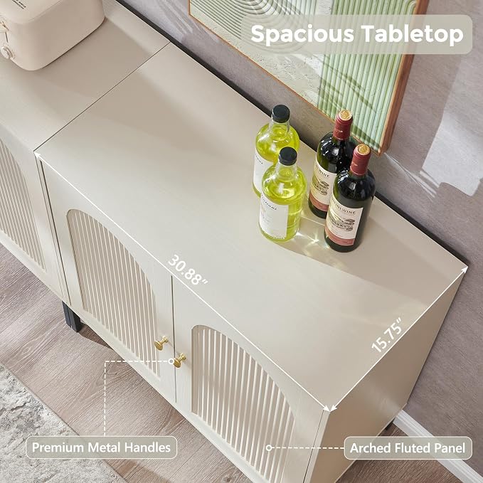 IFGET Modern Buffet Cabinet with Storage, 92.63" W Fluted Arched Sideboard Cabinet w/Adjustable Shelves, Wooden Modular Coffee Bar for Dining Room, Kitchen, Living Room, Entryway, Cream
