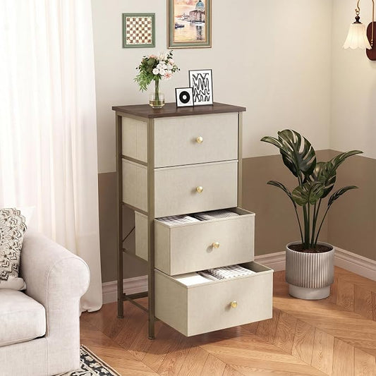DUMOS Nightstand with 4 Drawers Bedside Table with Removable Fabric Bins Sturdy Steel Frame Wood Top Organizer Furniture for Bedroom Closet Living Room, Khaki