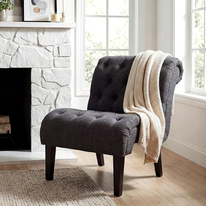 Tufted Upholstered Accent Chair for Living Room Bedroom Lounge Chair Armless Linen Slipper Chair with Wood Legs Gray