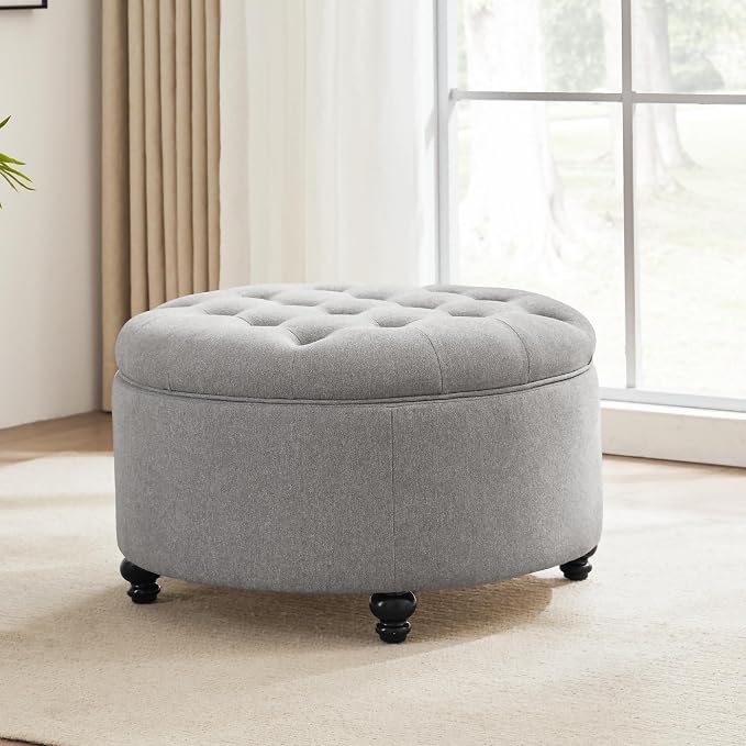 HUIMO 30-Inch Round Storage Ottoman, Modern Button Tufted Coffee Table with Removeable Top, Upholstered Ottoman with Storage Footrest Stool for Living Room, Bedroom and Office(Grey)
