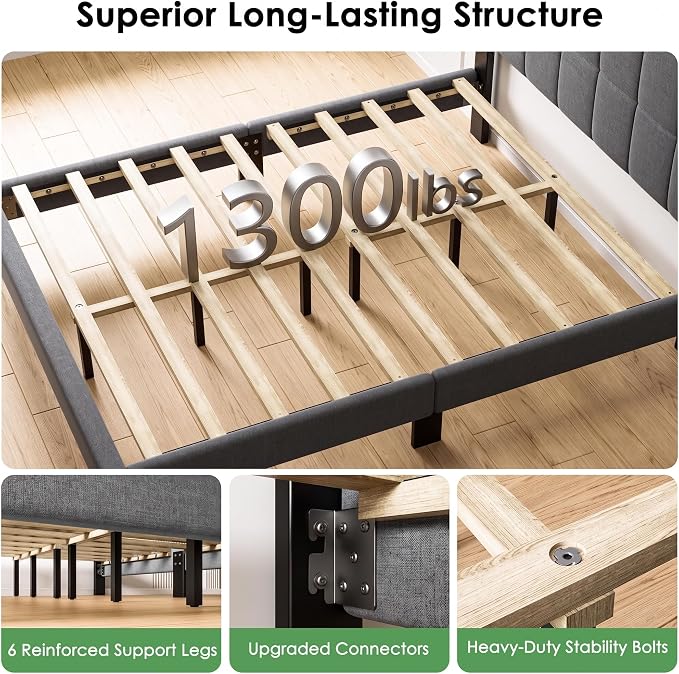 Marsail Queen Upholstered Bed Frame, Solid Wood Adjustable Headboard, 12 Support Legs Hold Up to 1300 Lbs, Sturdy & Durable, Fits 6"-12" Mattresses, Ideal Height, Easy Assembly, Dark Gray