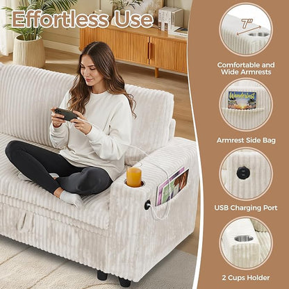 Sectional Sleeper Sofa with Pull Out Bed, 7 Seats U Shaped Sleeper Sofa with Storage Chaise, USB Ports, Cup Holders, Plush Corduroy Sectional Couch for Living Room, Beige