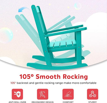 Costaelm Paradise Kids 3-Piece Outdoor HDPE Plastic Square Side Table and Rocking Chairs Set, Turquoise