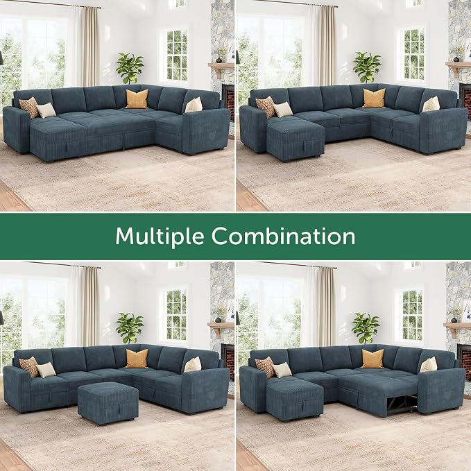 HONBAY Modular Sectional Sleeper Sofa, Corduroy Sleeper Pull-Out Bed Couch with Storage, U Shaped Sectional Couches for Living Room, Blue