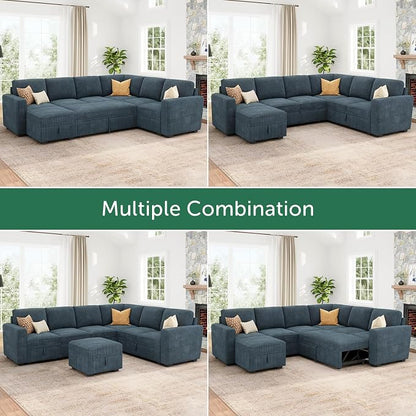 HONBAY Modular Sectional Sleeper Sofa, Corduroy Sleeper Pull-Out Bed Couch with Storage, U Shaped Sectional Couches for Living Room, Blue