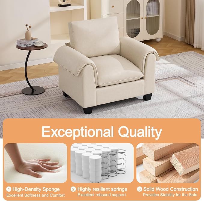 44.5" Faux Leather Single Sofa, Oversized Accent Chair with Curved Armrests, Cloud Modern Sofa Upholstered Deep Seat Reading Chair Armchair for Living Room, Bedroom，Beige
