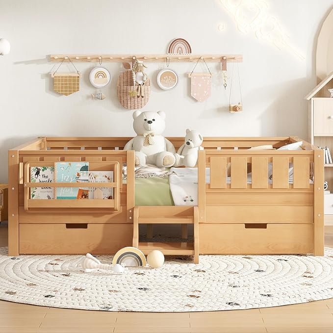 Bellemave Full Floor Bed with Stairs, Rails and Slats, Full Size Montessori Floor Bed with Bookshelf and 2 Storage Drawers, Easy Assemble Montessori Beds Frame for Girls, Boys, Deep Natural