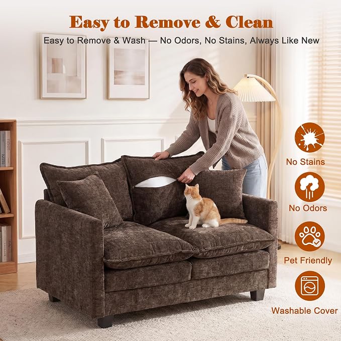 50'' Loveseat Sofa Cloud Sofa Couch, Modern Loveseats 2 Seat Couch 27" Deep Seat with 2 Pillows for Small Spaces Apartment Studio Office Bedroom Living Room, Brown