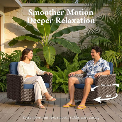 Patio Wicker Swivel Chairs with High Back Set of 2, All Weather PE Wicker Outdoor Swivel Chairs with Waterproof Cushion for Porch, Backyard, Balcony, Deck