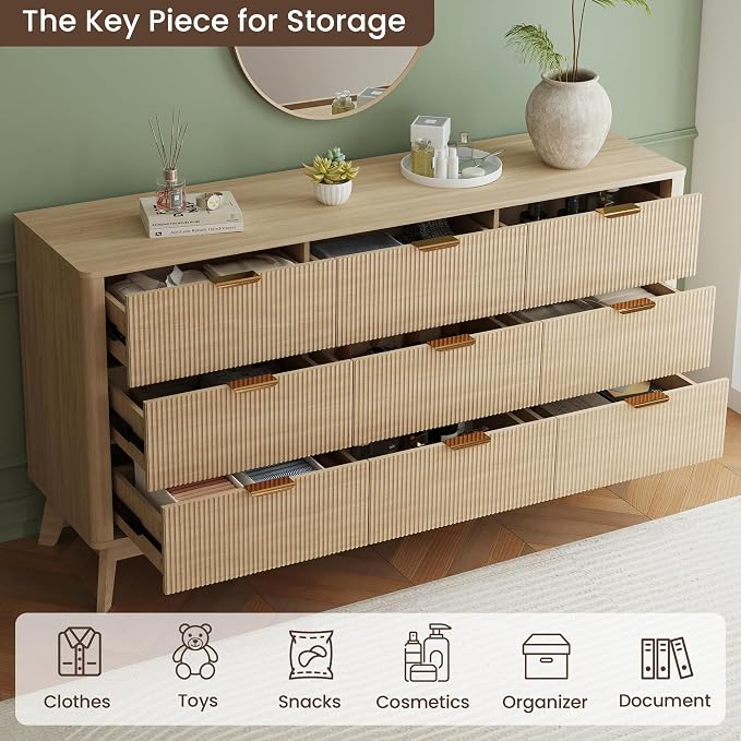 SUNWAVE 9 Drawer Dresser for Bedroom, 59.1" Large Fluted Dresser with Round Corner, Modern Dressers Wood Chest of Drawer for Living Room (Oak)