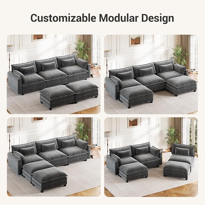 Pipishell 110.6" Modular Sectional Sofa, U Shaped Cloud Couch with Movable Ottoman, 5-Seat Chenille Deep Seat Cloud Modular Sectional Sofa with Throw Pillows for Living Room & Apartment, Grey