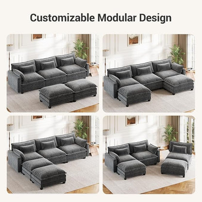 Pipishell 110.6" Modular Sectional Sofa, U Shaped Cloud Couch with Movable Ottoman, 5-Seat Chenille Deep Seat Cloud Modular Sectional Sofa with Throw Pillows for Living Room & Apartment, Grey
