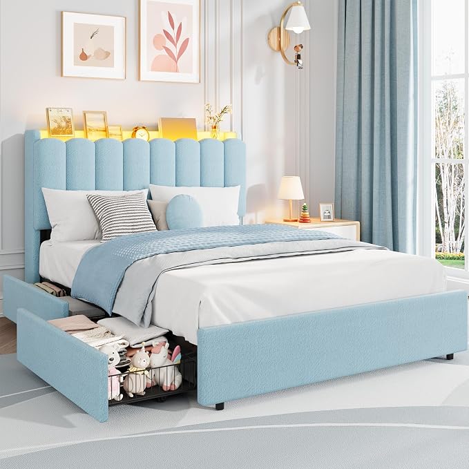 Garvee LED Full Size Bed Frame with Storage Headboard, Kids Bed Frame with 2 Drawers, Boucle Upholstered Platform Bed for Girls, Chic Wavy Headboard with Bookcase, No Box Spring Needed, Blue