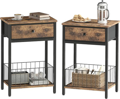 Night Stand Set 2, Night Stand with Drawers, Industrial nightstand, Nightstand with Fabric Bins, Bedside Table End Table for Bedroom, Closet, Entryway, College Dorm, Rustic Brown LNT0061BR2