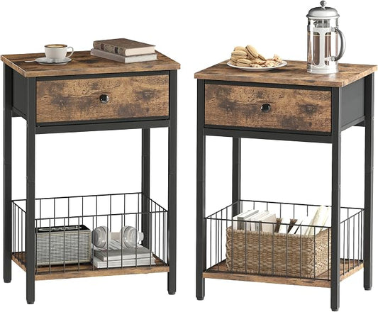 Night Stand Set 2, Night Stand with Drawers, Industrial nightstand, Nightstand with Fabric Bins, Bedside Table End Table for Bedroom, Closet, Entryway, College Dorm, Rustic Brown LNT0061BR2