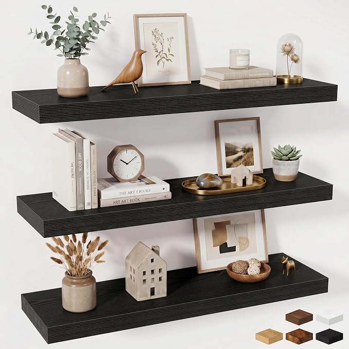 Fun Memories Floating Shelves for Wall 36 Inches, Wood Shelves with Invisible Bracket, 10" Deep Shelves Wall Mounted, Large Wood Floating Shelves for Living Room Bathroom, Black, Set of 3