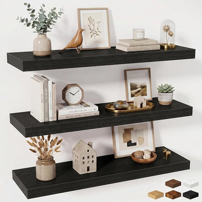 Fun Memories Floating Shelves for Wall 36 Inches, Wood Shelves with Invisible Bracket, 10" Deep Shelves Wall Mounted, Large Wood Floating Shelves for Living Room Bathroom, Black, Set of 3