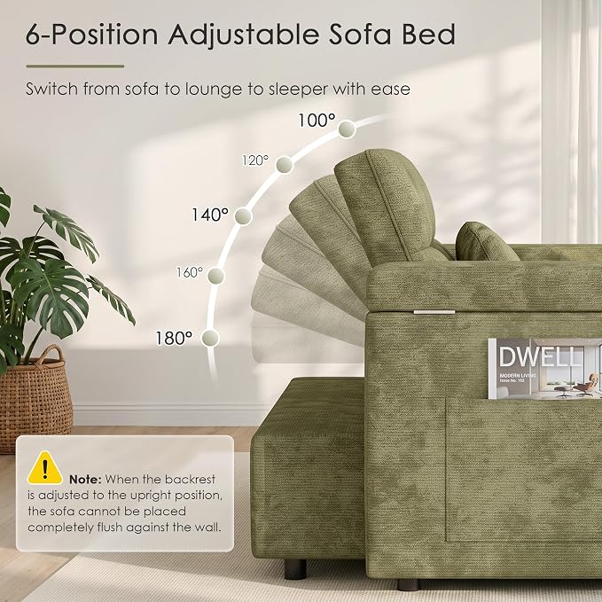 65'' Sleeper Sofa Bed, Pull Out Couch with Side Table | USB Charging Port | Adjustable Backrest | Chenille Fabric, Convertible Loveseat for Living Room, Apartment, Small Spaces (Green)
