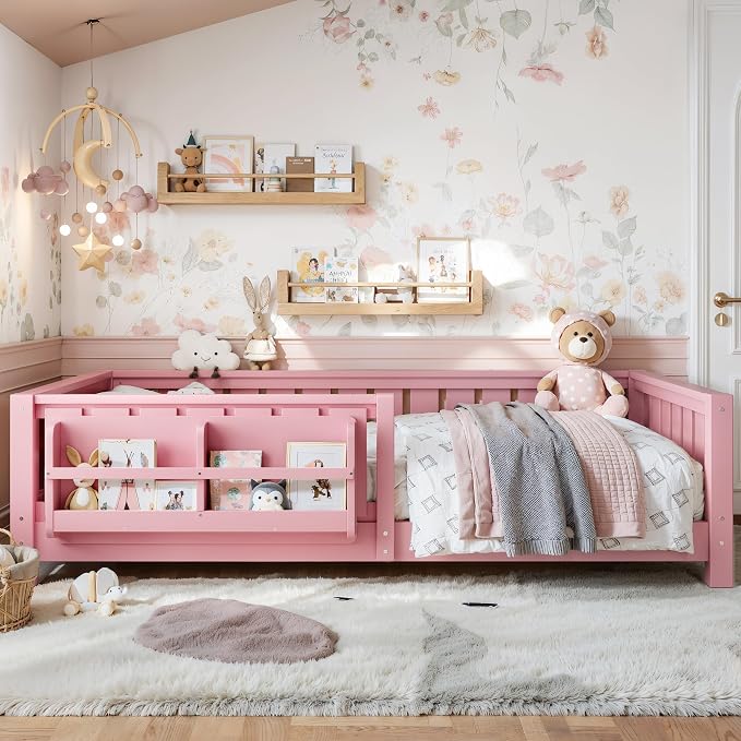 Bellemave Twin Floor Bed with Rails and Slats, Twin Size Montessori Floor Bed with Bookshelf and Fence, Easy Assemble Montessori Beds Frame for Girls, Boys, Pink