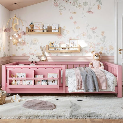 Bellemave Twin Floor Bed with Rails and Slats, Twin Size Montessori Floor Bed with Bookshelf and Fence, Easy Assemble Montessori Beds Frame for Girls, Boys, Pink