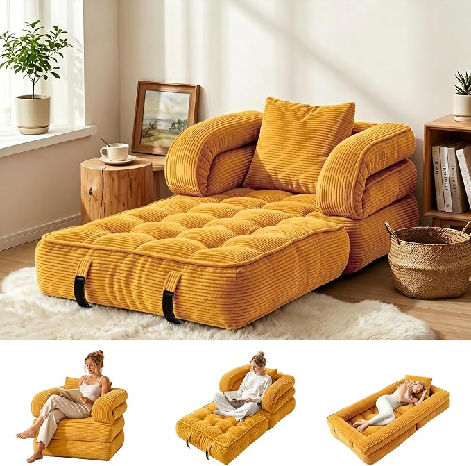 Folding Sofa Bed, Convertible Sleeper Chair with Armrests, Corduroy Foldable Boneless Bed, 3-in-1 Portable Futon Couch Floor Sofa with Pillow for Bedroom, Living Room, Orange