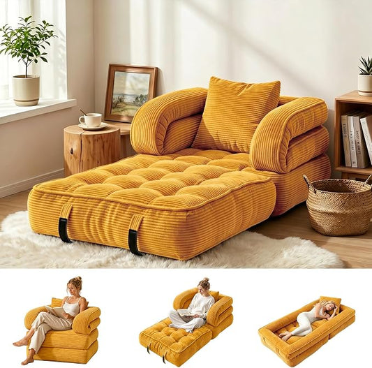 Folding Sofa Bed, Convertible Sleeper Chair with Armrests, Corduroy Foldable Boneless Bed, 3-in-1 Portable Futon Couch Floor Sofa with Pillow for Bedroom, Living Room, Orange
