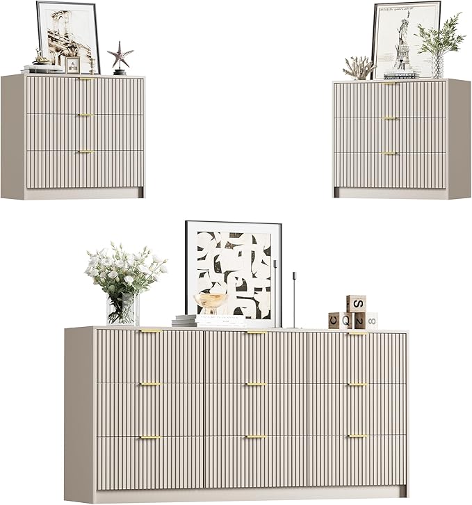 Furniway 3 Piece Bedroom Set, 9 Drawer Dresser and Nightstand Set of 2 with Gold Handles, Modern Wood Chest of Drawers Storage Cabinet for Bedroom, Beige
