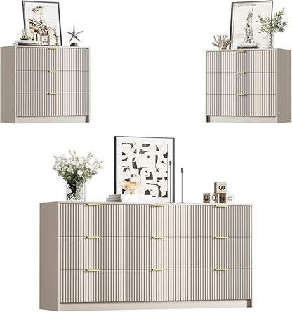 Furniway 3 Piece Bedroom Set, 9 Drawer Dresser and Nightstand Set of 2 with Gold Handles, Modern Wood Chest of Drawers Storage Cabinet for Bedroom, Beige