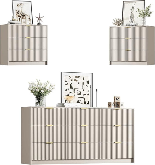 Furniway 3 Piece Bedroom Set, 9 Drawer Dresser and Nightstand Set of 2 with Gold Handles, Modern Wood Chest of Drawers Storage Cabinet for Bedroom, Beige
