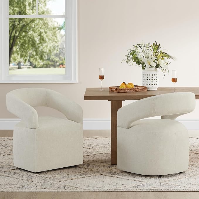 KISLOT Upholstered Dining Chairs Set of 1, Modern Rolling Dining Chairs with Hidden Casters, Arm Kitchen Chairs with Linen Look Fabric, Padded Barrel Chairs for Dining Room, Kitchen, Cream Beige