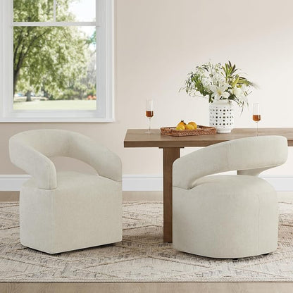 KISLOT Upholstered Dining Chairs Set of 1, Modern Rolling Dining Chairs with Hidden Casters, Arm Kitchen Chairs with Linen Look Fabric, Padded Barrel Chairs for Dining Room, Kitchen, Cream Beige
