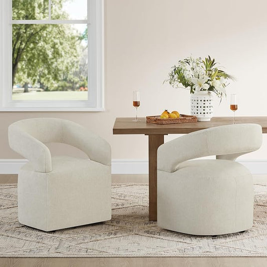 KISLOT Upholstered Dining Chairs Set of 1, Modern Rolling Dining Chairs with Hidden Casters, Arm Kitchen Chairs with Linen Look Fabric, Padded Barrel Chairs for Dining Room, Kitchen, Cream Beige