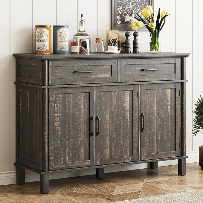 48 Inches Buffet Cabinet with Storage, Farmhouse Sideboard Buffet w/2 Drawers and 3 Doors, Wood Coffee Bar Cabinet with Adjustable Shelves, Sideboard Storage for Kitchen, Living Room, Rustic Brown