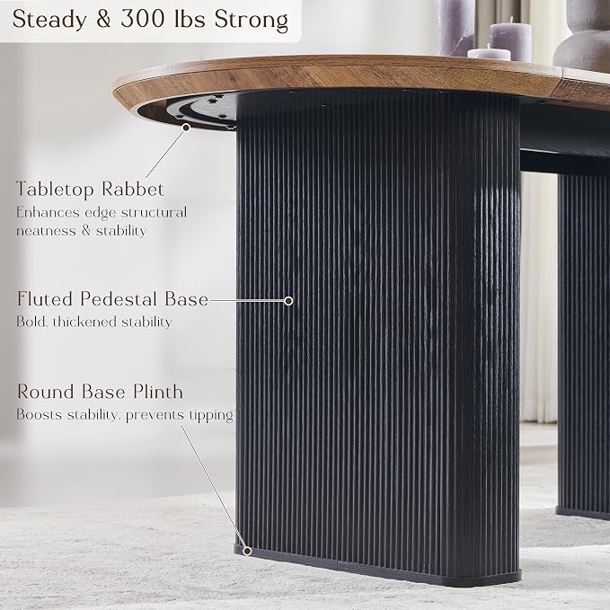 T4TREAM 63" Fluted Oval Dining Table for 4-6, Mid-Century Modern Kitchen Table with Thickened Edge & Strip Base, Wood Luxury Table for Dining Room/Kitchen/Home Office, Gold Brown&Black(Table Only)