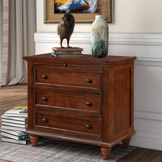 Merax Wood Nightstand with 3 Storage Drawers, Bedside End Table with Pull Out Tray, Brown (No Guide Rails)