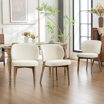 YOUNIKE Dining Chairs Set of 3 Modern Kitchen Dining Room Chairs Beige | Chenille Fabric Upholstered Armless Side Accent Chair with Back Wide Padded Seat Wooden Leg, Soft, Breathable, Comfortable