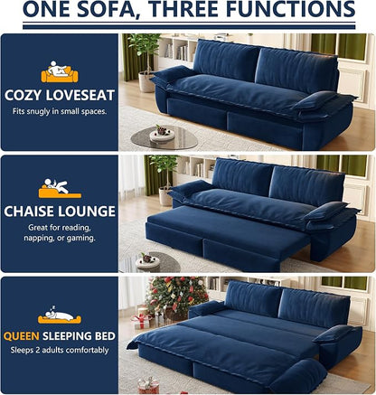 70.1" Sofa Bed Queen Size, Pull Out Couch Bed, 3-in-1 Convertible Sleeper Sofa with Cushion Armrest, Modern Velvet Futon Couch for Living Room, Small Space, Apartment, Bedroom, Blue
