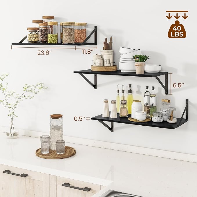 Heimlove Deep Floating Shelves for Wall, Wood Wall, Wide Floating Bookshelf for Living Room, Kitchen, Office, Bedroom and Decor Storage,Black with Metal Bracket, 24wx12dx5.8h, 3Shelves
