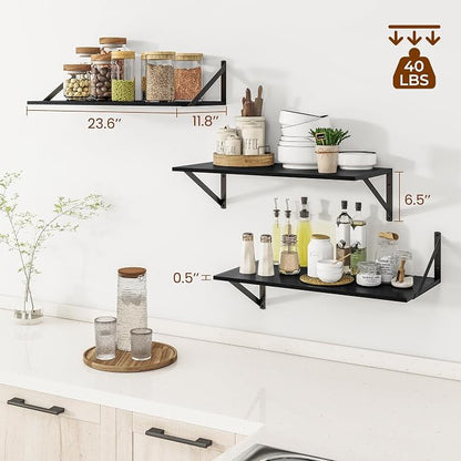 Heimlove Deep Floating Shelves for Wall, Wood Wall, Wide Floating Bookshelf for Living Room, Kitchen, Office, Bedroom and Decor Storage,Black with Metal Bracket, 24wx12dx5.8h, 3Shelves