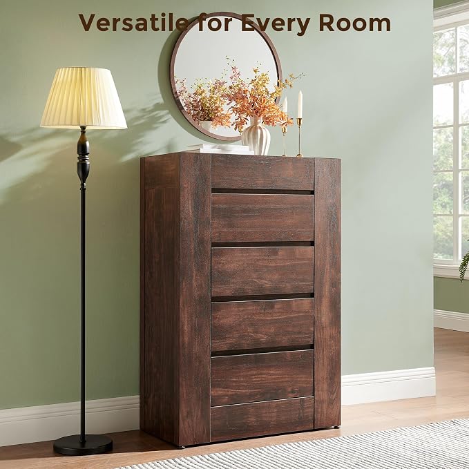 OKD 5 Drawer Dresser for Bedroom, 48" Tall Dresser Chest of Drawers with Thick Wood Design, Handleless, Modern Bedroom Dresser, Storage Organizer for Living Room/Entryway, Dark Walnut