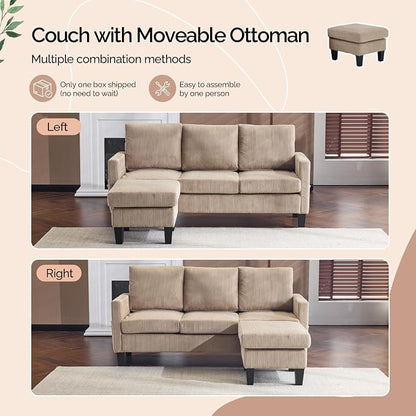 VINGLI 68.5' L Shaped Couch with Movable Storage Ottoman, Convertible Sectional Sofa in Soft Corduroy Fabric, Modern Reversible Chaise Couch for Small Spaces, Apartment, Living Room，Khaki