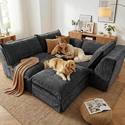 Claiks 123" Modular Boneless Couch, L Shaped Couch for Living Room, Modern Deep Seat Sofa 3 Seater Chenille Fabric Comfy Cloud Couches with Movable Ottoman, Dark Grey